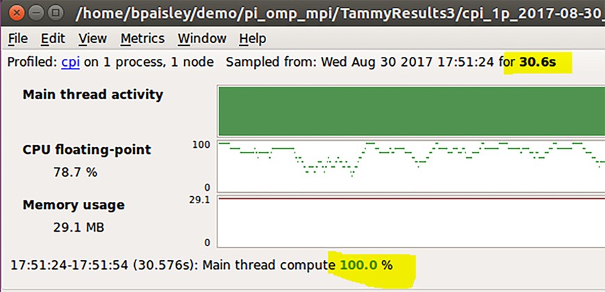 Run summary shows 100 percent of the time was spent in the single-thread compute