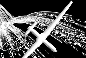 Abstract image of an aircraft flying through data